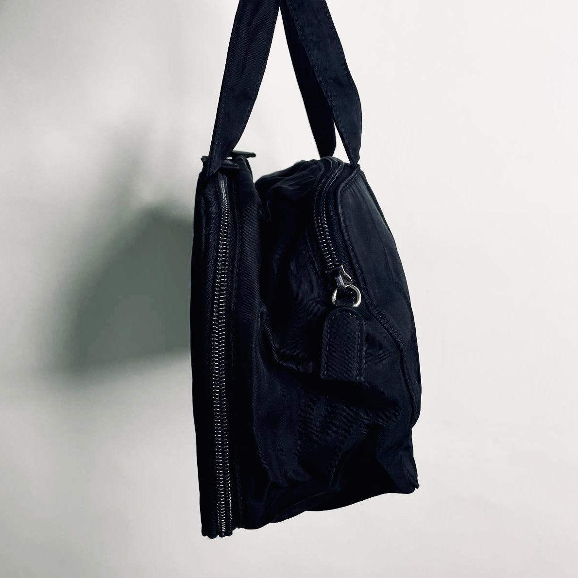 Prada Black Tessuto Classic Logo Boston Bowling Utility Zip Around Briefcase Top Handle Tote Bag