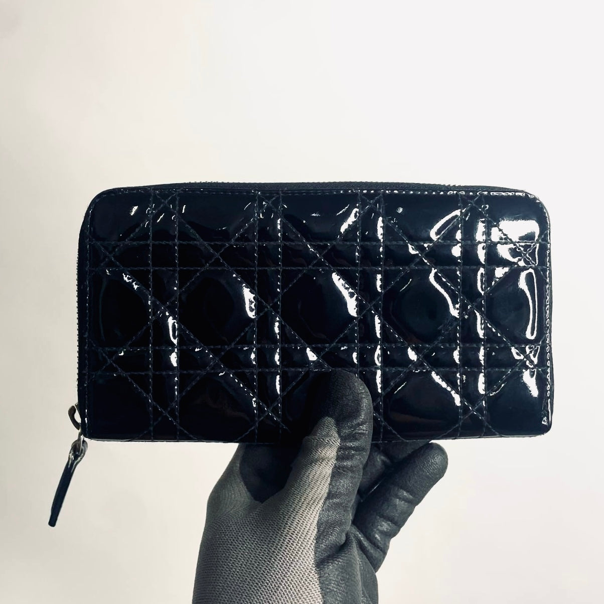 Christian Dior CD Lady Dior Black Cannage Quilted Patent Monogram Logo Long Zippy Zip Around Wallet