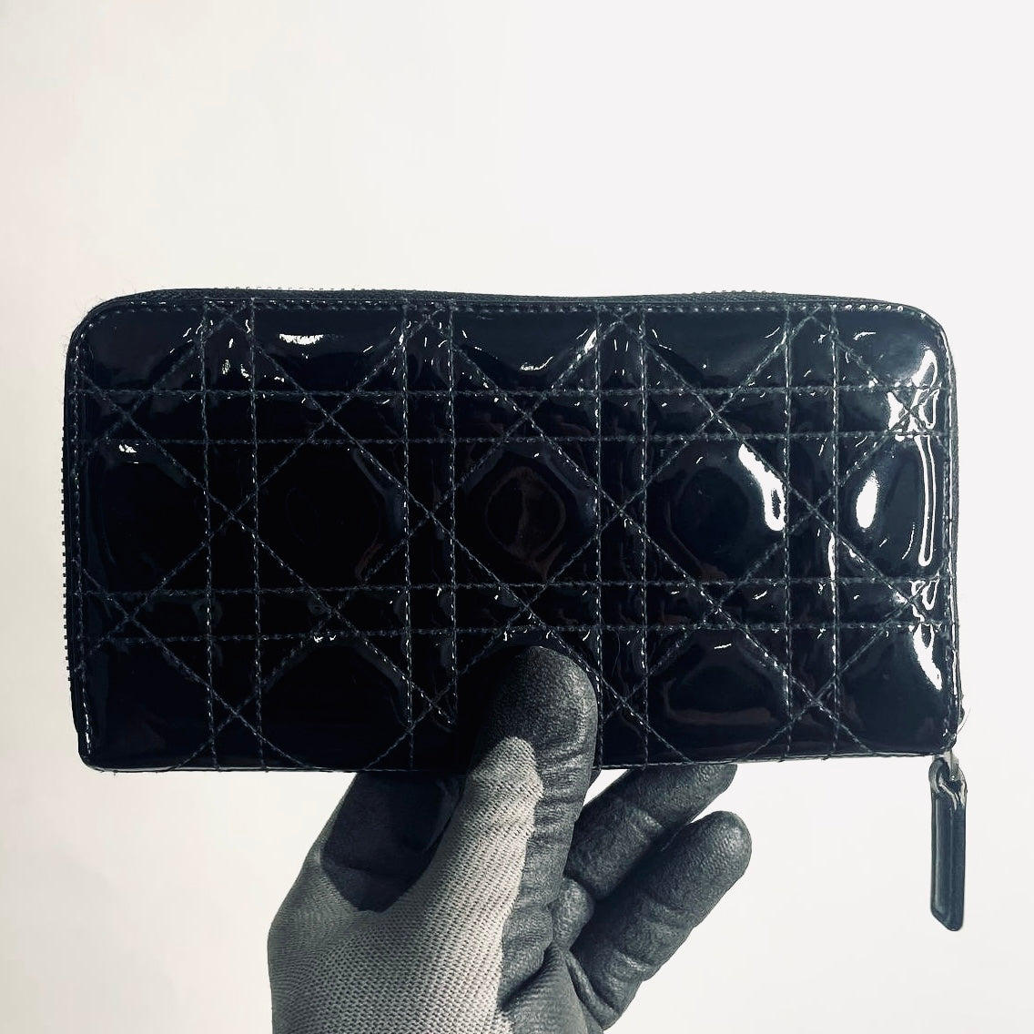 Christian Dior CD Lady Dior Black Cannage Quilted Patent Monogram Logo Long Zippy Zip Around Wallet