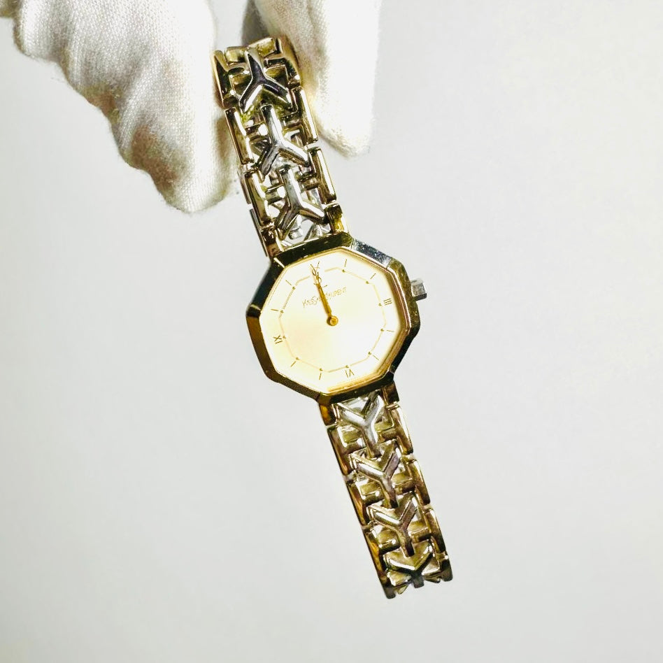 YSL Yves Saint Laurent Octagon Dial Gold & Stainless Steel Monogram Logo 22MM Quartz Watch