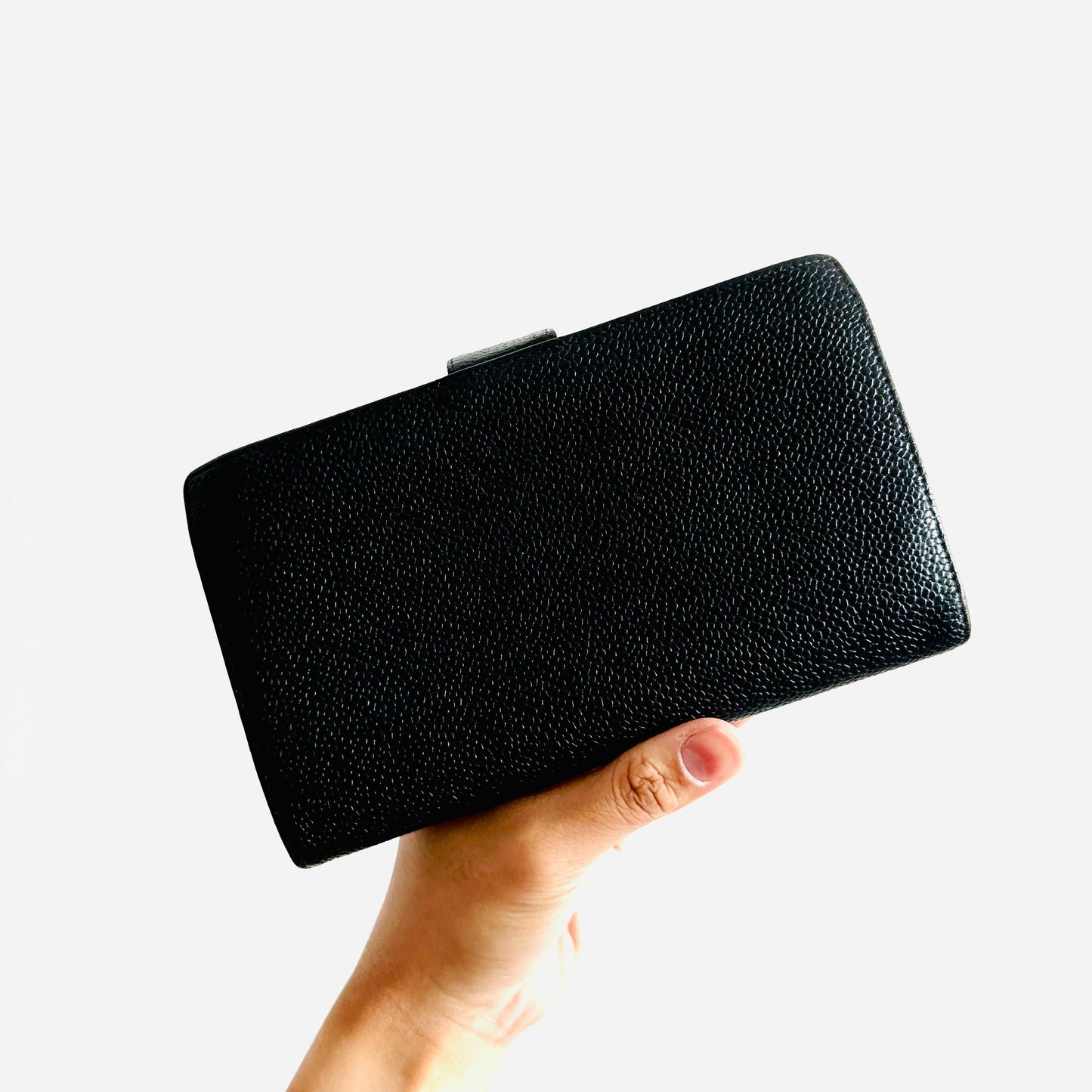 Chanel Black GHW Caviar Giant CC Logo Vintage Flap Bifold Long Wallet 6s