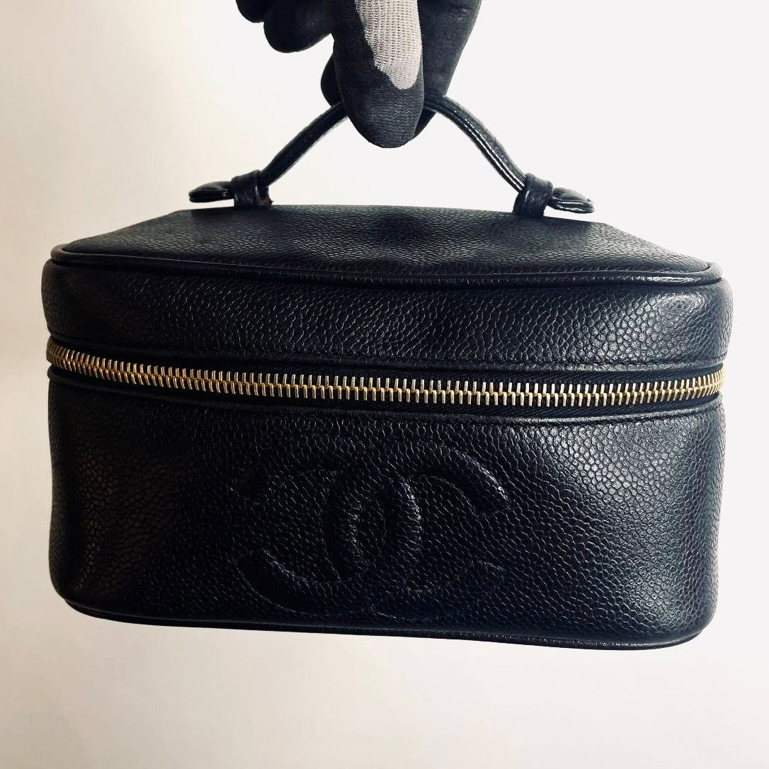 Chanel Black GHW Giant CC Logo Caviar Wide Horizontal Vanity Case Vintage Top Handle Bag 3s