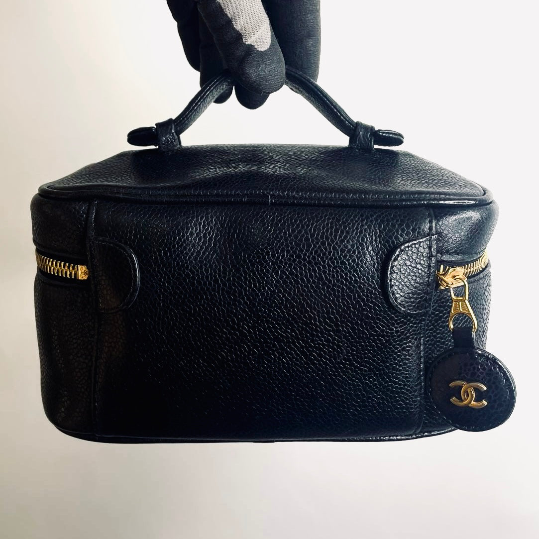 Chanel Black GHW Giant CC Logo Caviar Wide Horizontal Vanity Case Vintage Top Handle Bag 3s