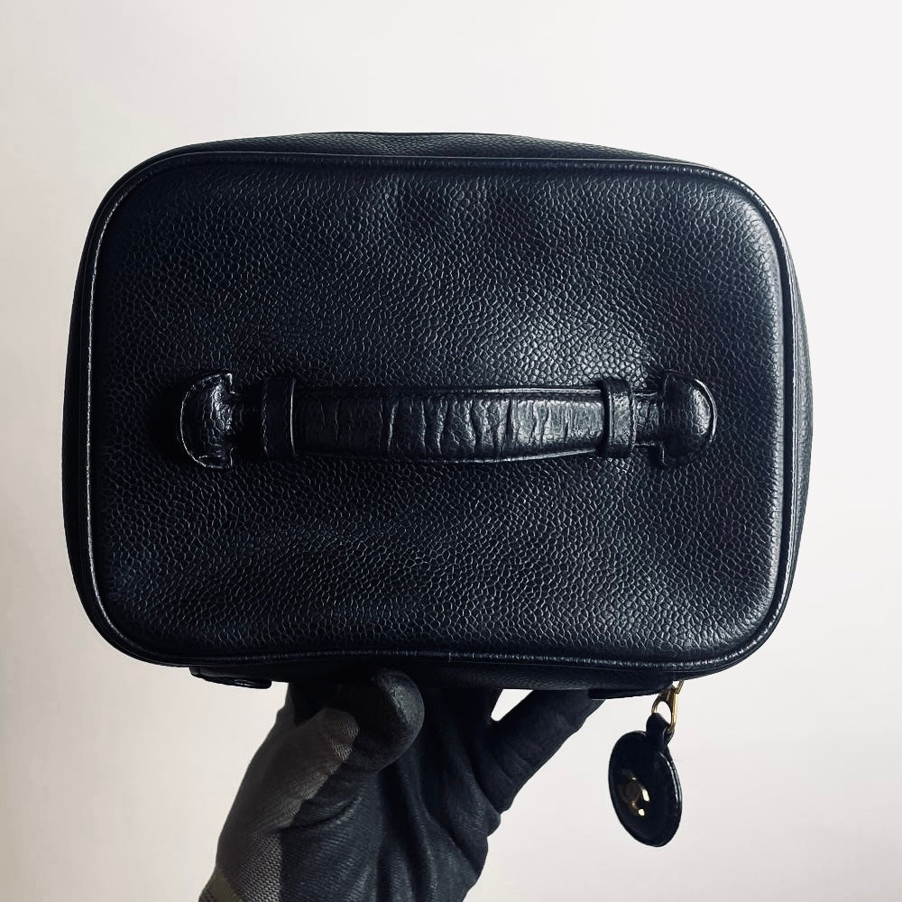 Chanel Black GHW Giant CC Logo Caviar Wide Horizontal Vanity Case Vintage Top Handle Bag 3s