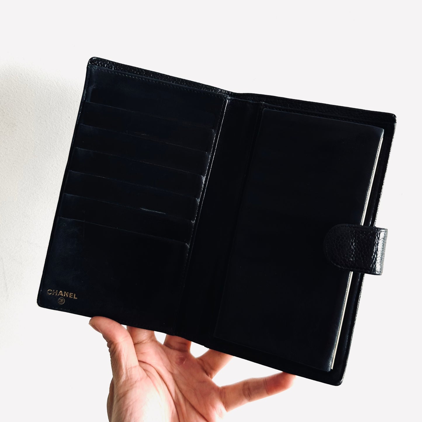 Chanel Black GHW Caviar Giant CC Logo Vintage Flap Bifold Long Wallet 6s