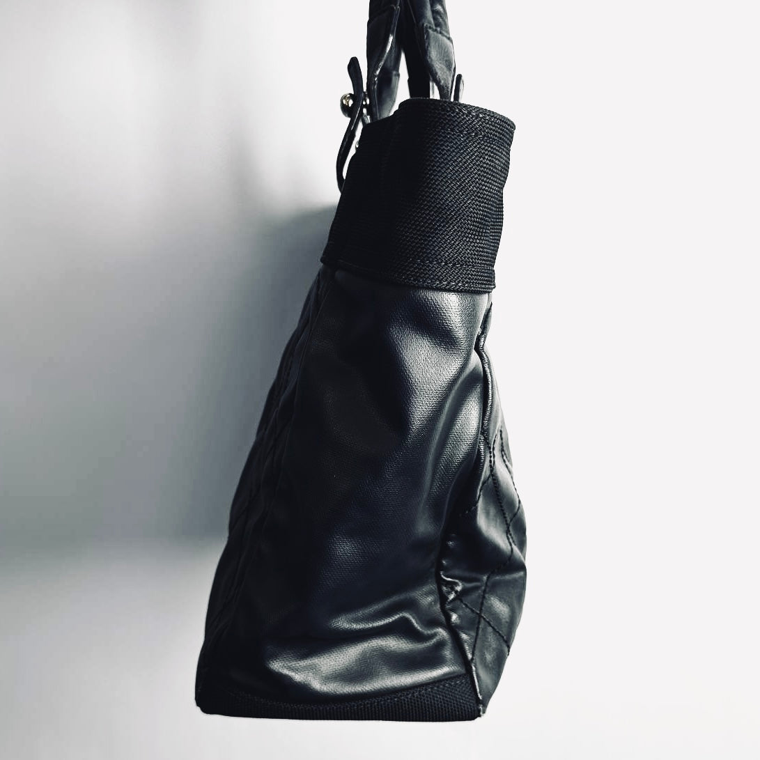 Chanel Black Paris Biarritz CC Monogram Logo Quilted Leather & Jersey Fabric Shopper Shoulder Tote Bag 13s