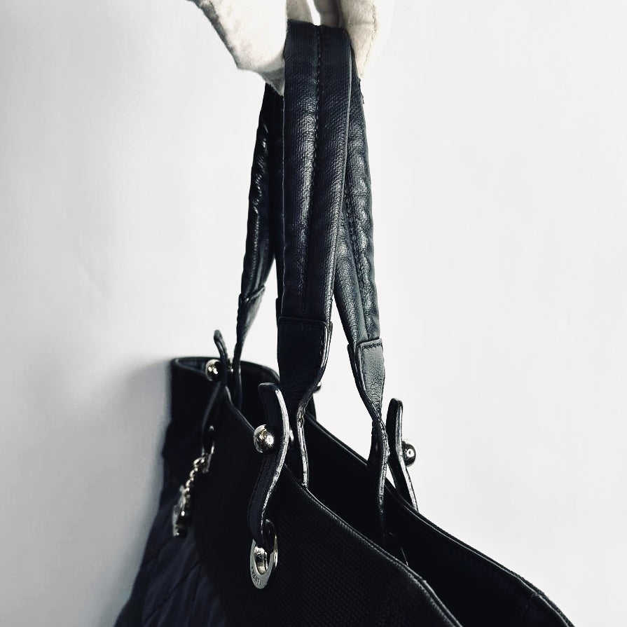 Chanel Black Paris Biarritz CC Monogram Logo Quilted Leather & Jersey Fabric Shopper Shoulder Tote Bag 13s
