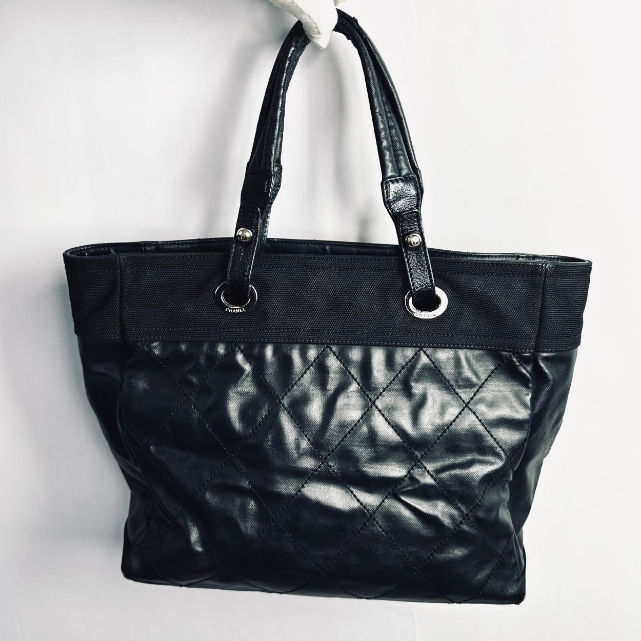 Chanel Black Paris Biarritz CC Monogram Logo Quilted Leather & Jersey Fabric Shopper Shoulder Tote Bag 13s