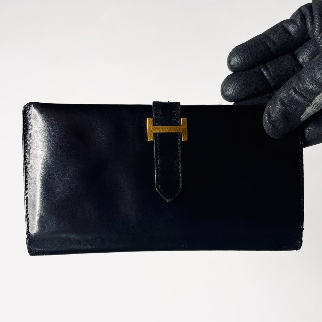 Hermes Black GHW Bearn Smooth Box Leather H Logo Flap Long Bifold Wallet