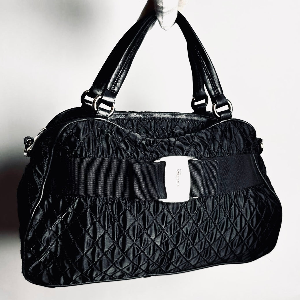 Salvatore Ferragamo Black Vara Bow Monogram Logo Puffy Quilted Shopper Shoulder Tote Bag
