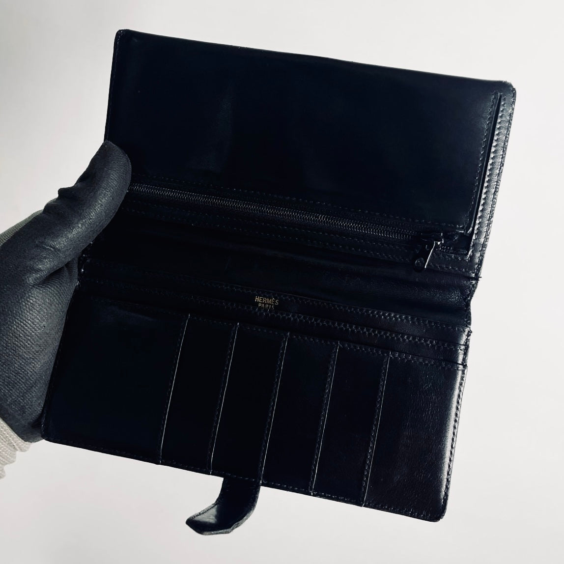 Hermes Black GHW Bearn Smooth Box Leather H Logo Flap Long Bifold Wallet