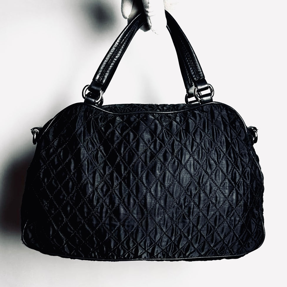 Salvatore Ferragamo Black Vara Bow Monogram Logo Puffy Quilted Shopper Shoulder Tote Bag