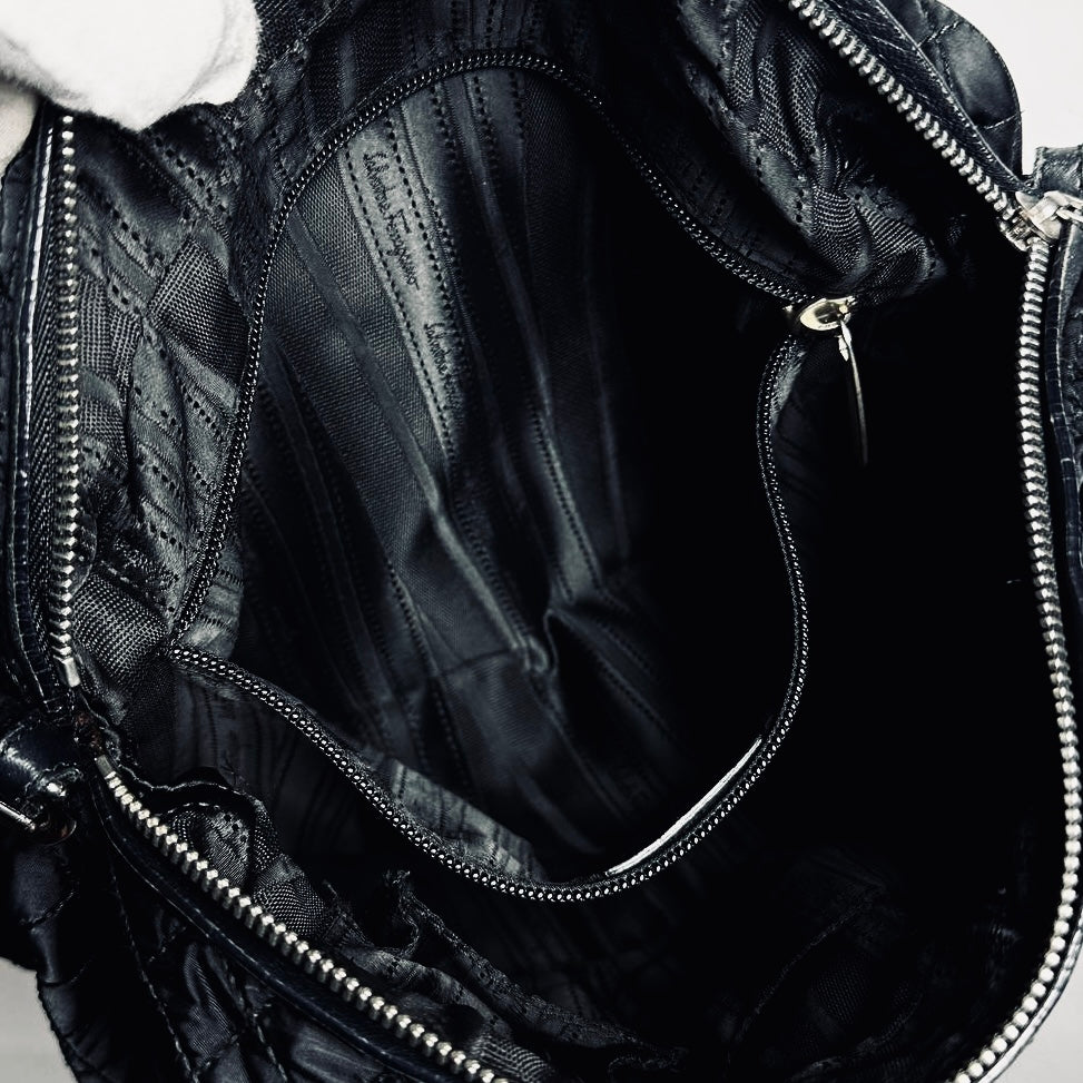 Salvatore Ferragamo Black Vara Bow Monogram Logo Puffy Quilted Shopper Shoulder Tote Bag