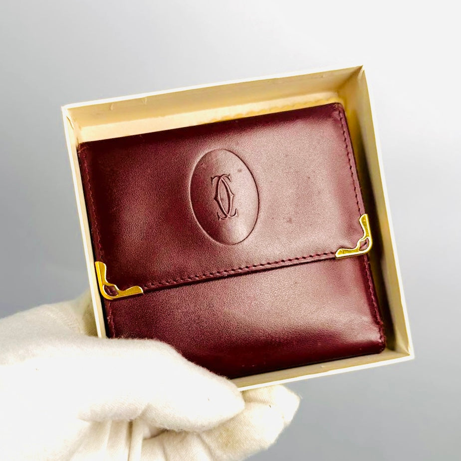 Cartier Must / Mast de Cartier Maroon Burgundy GHW Smooth Leather Flap Trifold Compact Wallet