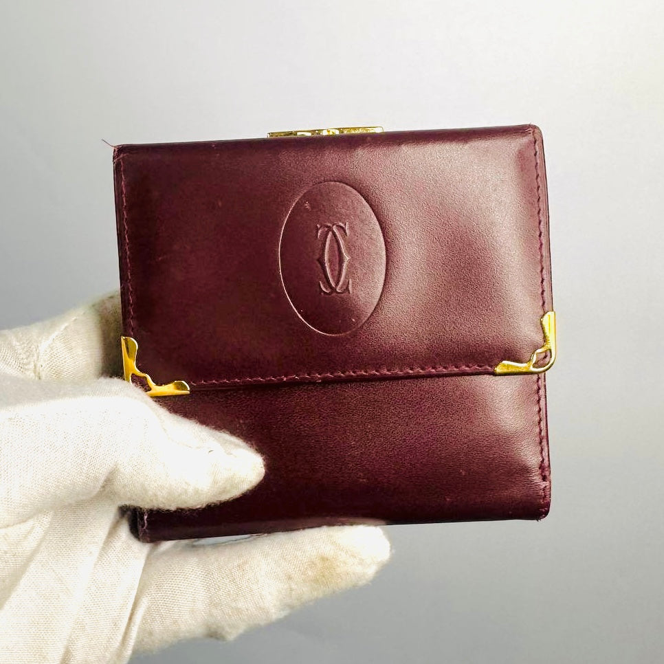 Cartier Must / Mast de Cartier Maroon Burgundy GHW Smooth Leather Flap Trifold Compact Wallet