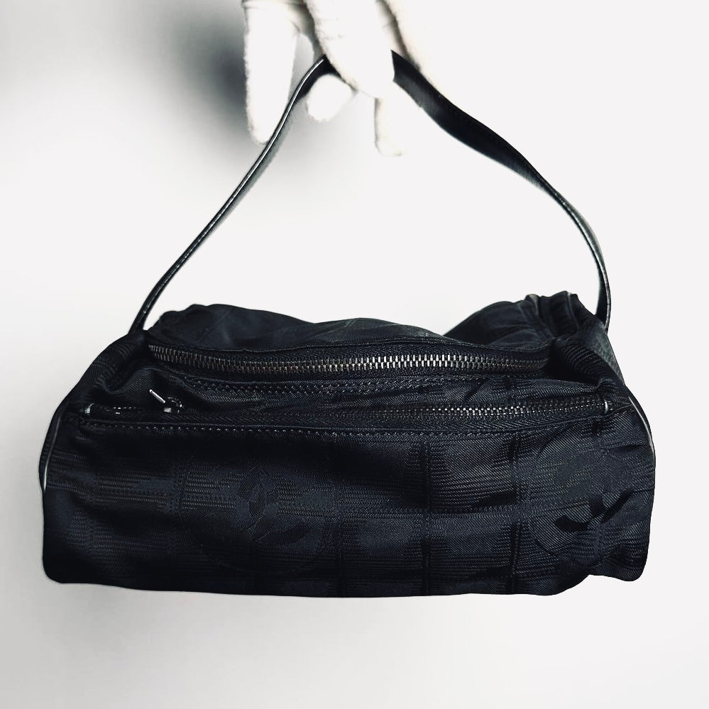 Chanel Black Travel Line Quilted Jacquard CC Monogram Logo Shoulder Pochette Accessories Hobo Baguette Bag 6s