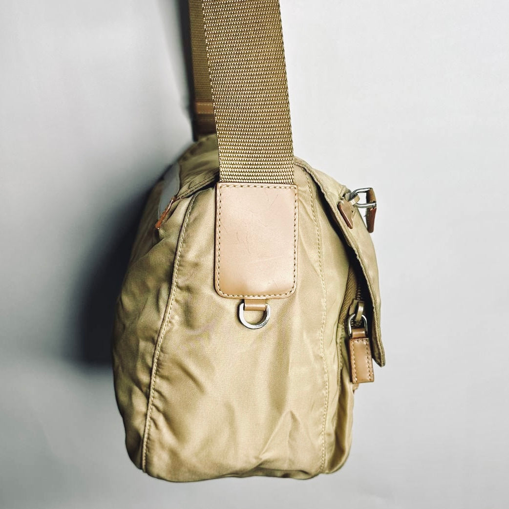 Prada Taupe Beige Tessuto Nylon Monogram Logo Classic Flap Shoulder Sling Bag