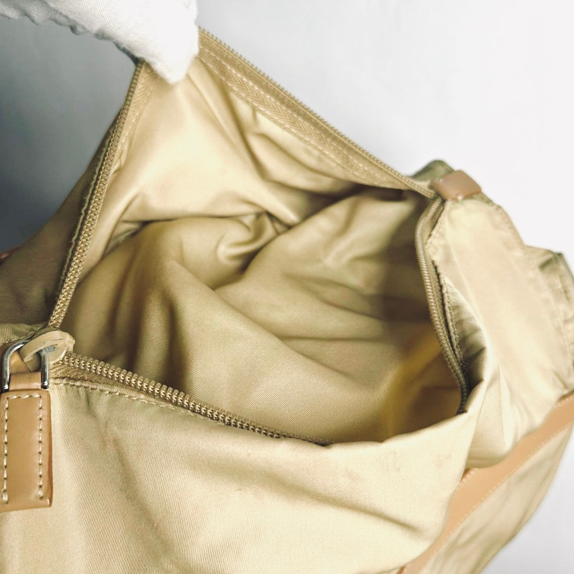 Prada Taupe Beige Tessuto Nylon Monogram Logo Classic Flap Shoulder Sling Bag