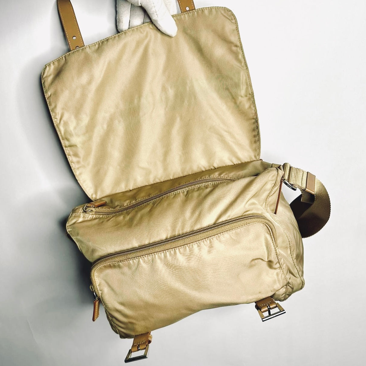 Prada Taupe Beige Tessuto Nylon Monogram Logo Classic Flap Shoulder Sling Bag