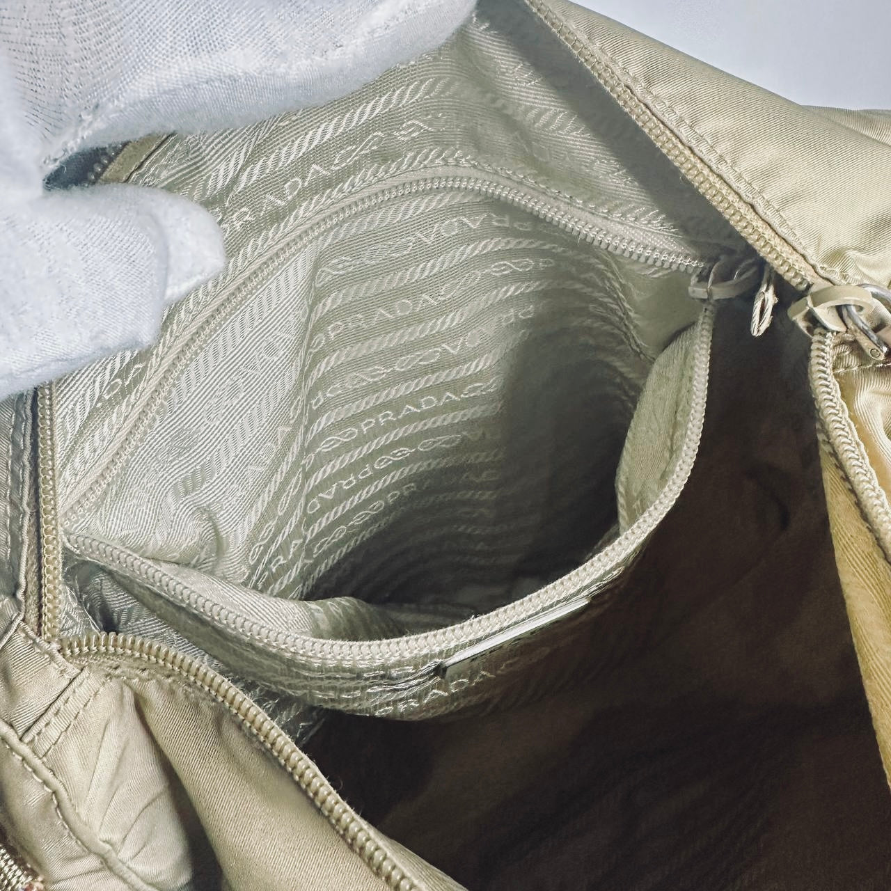 Prada Taupe Beige Tessuto Nylon Monogram Logo Classic Flap Shoulder Sling Bag