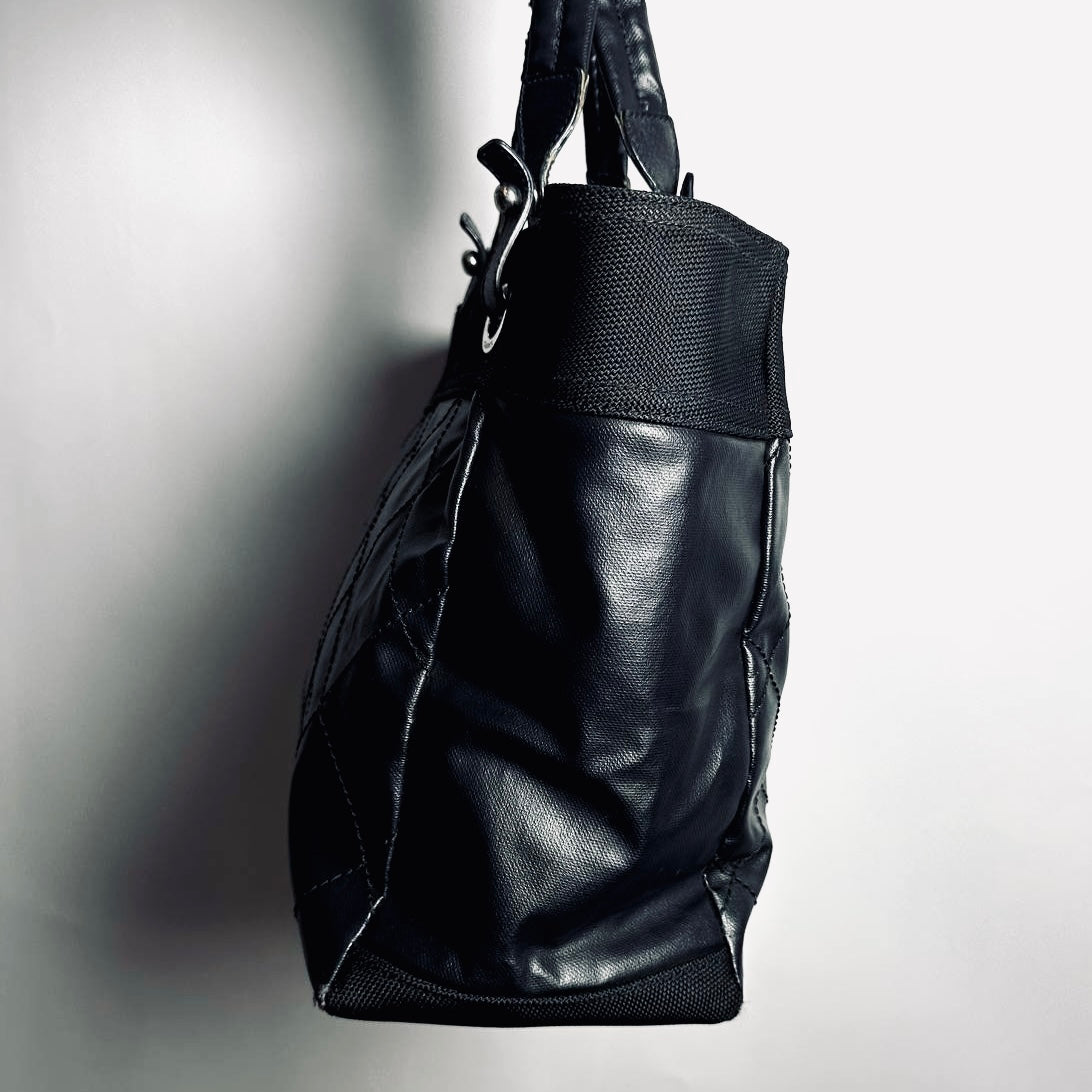 Chanel Black Paris Biarritz CC Monogram Logo Quilted Leather & Fabric Shopper Shoulder Tote Bag 12s