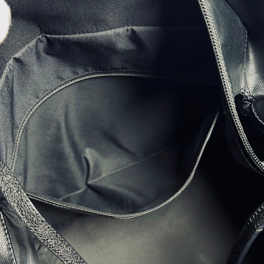 Chanel Black Paris Biarritz CC Monogram Logo Quilted Leather & Fabric Shopper Shoulder Tote Bag 12s