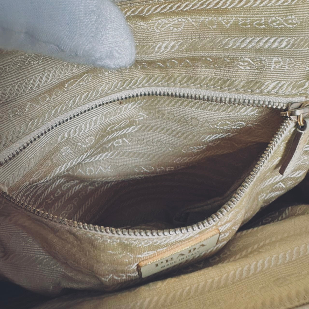 Prada Off White Cream Tessuto Chic Monogram Logo Nylon Shopper Shoulder Tote Bag