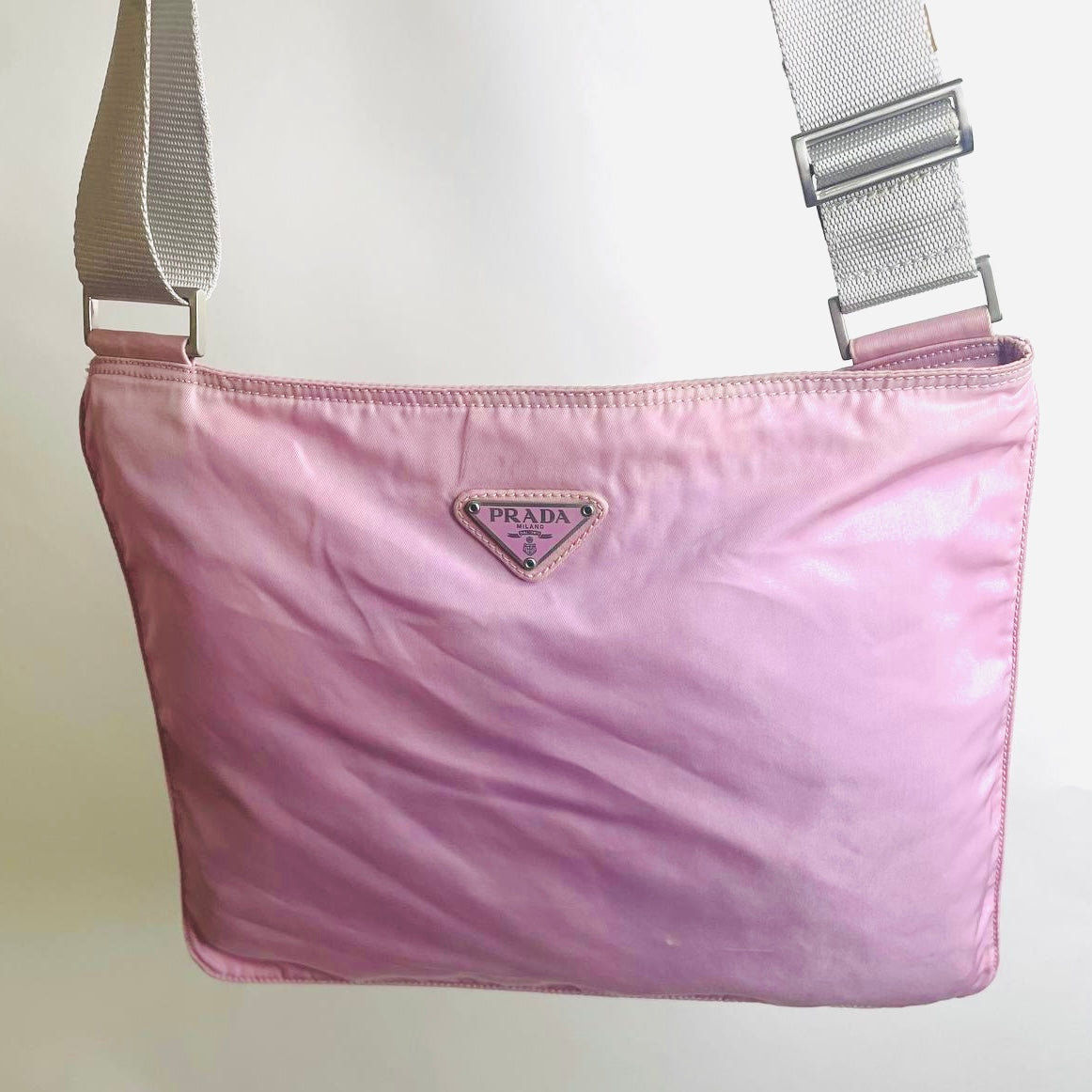 Prada Pink Tessuto Monogram Logo Classic Nylon Zip Shoulder Sling Bag