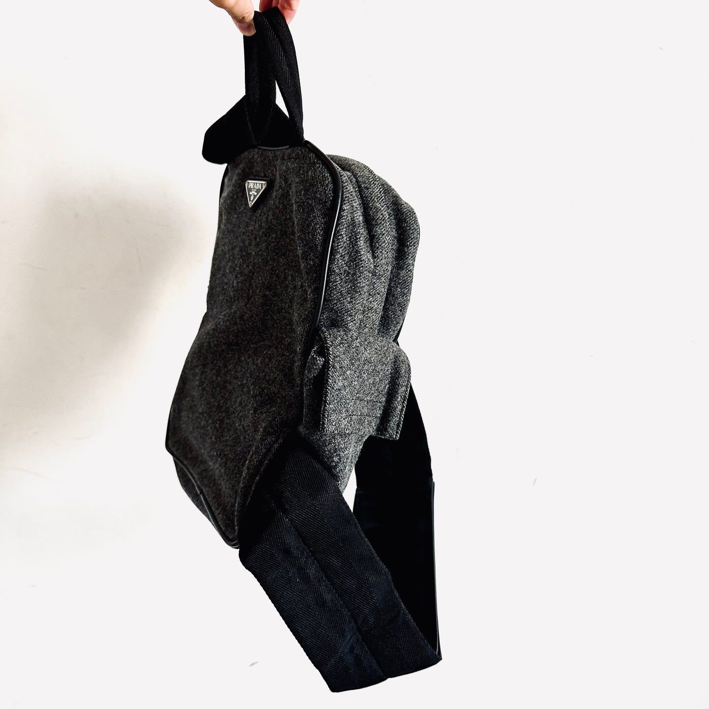 Prada Grey Wool Monogram Logo Backpack Shoulder Sling Bag