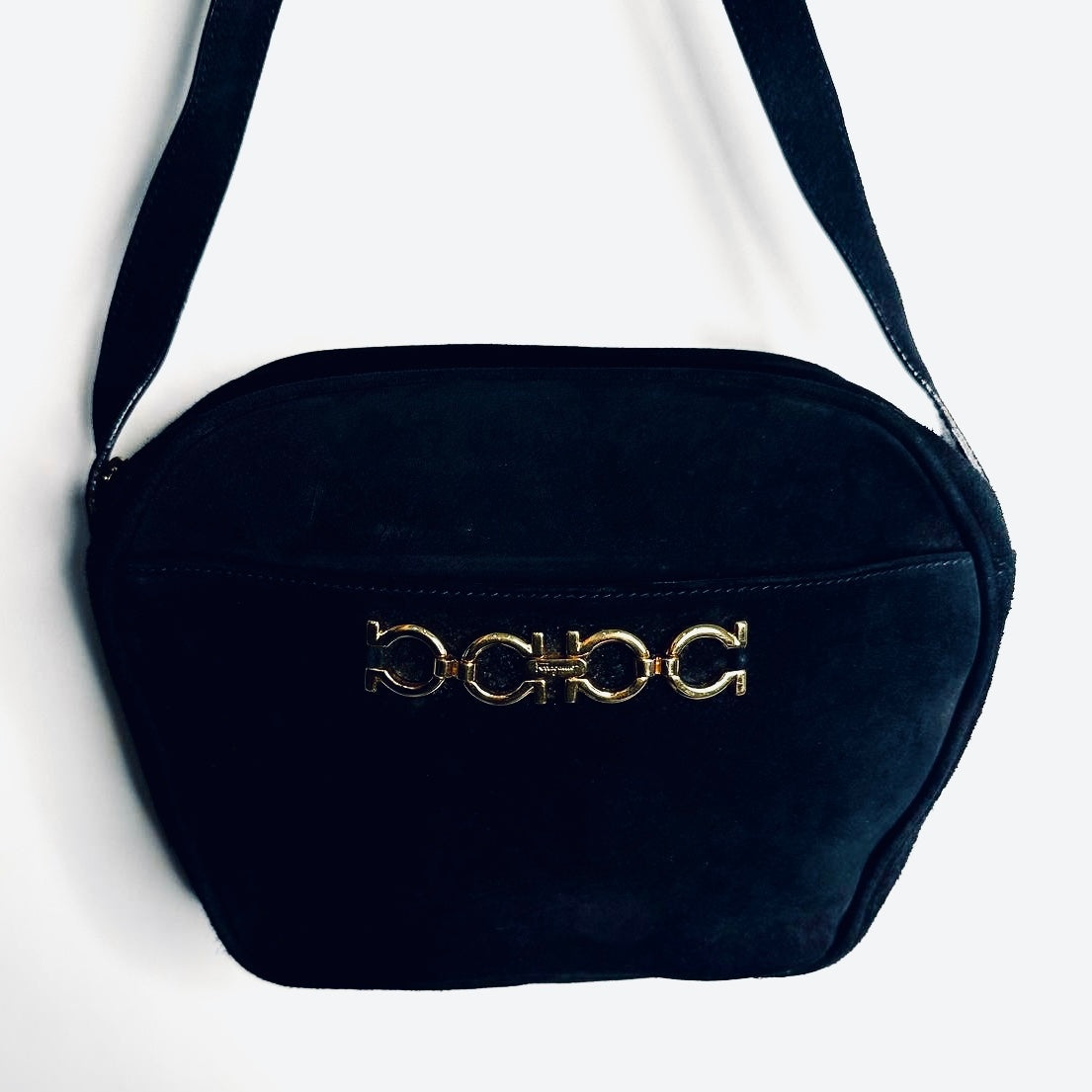 Salvatore Ferragamo Gancini Navy Blue GHW Suede Camera Shoulder Sling Bag