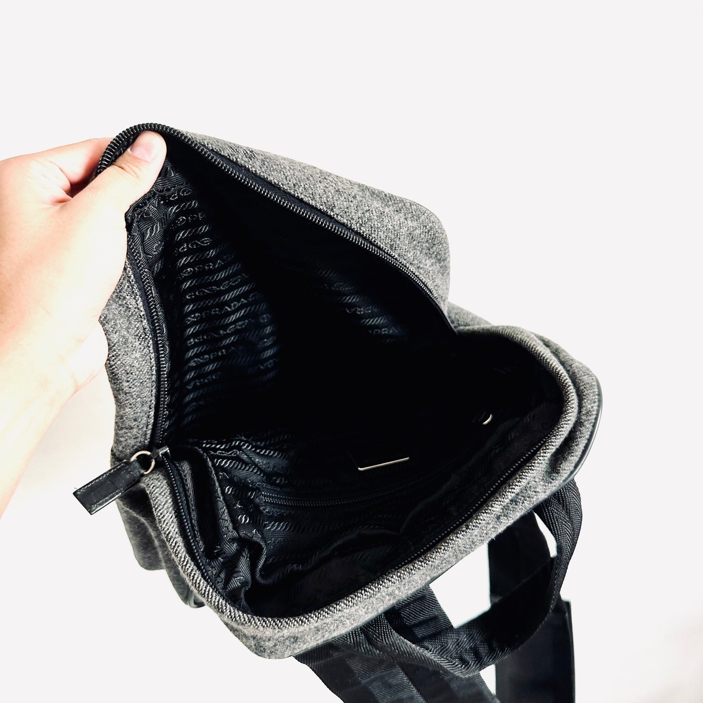 Prada Grey Wool Monogram Logo Backpack Shoulder Sling Bag
