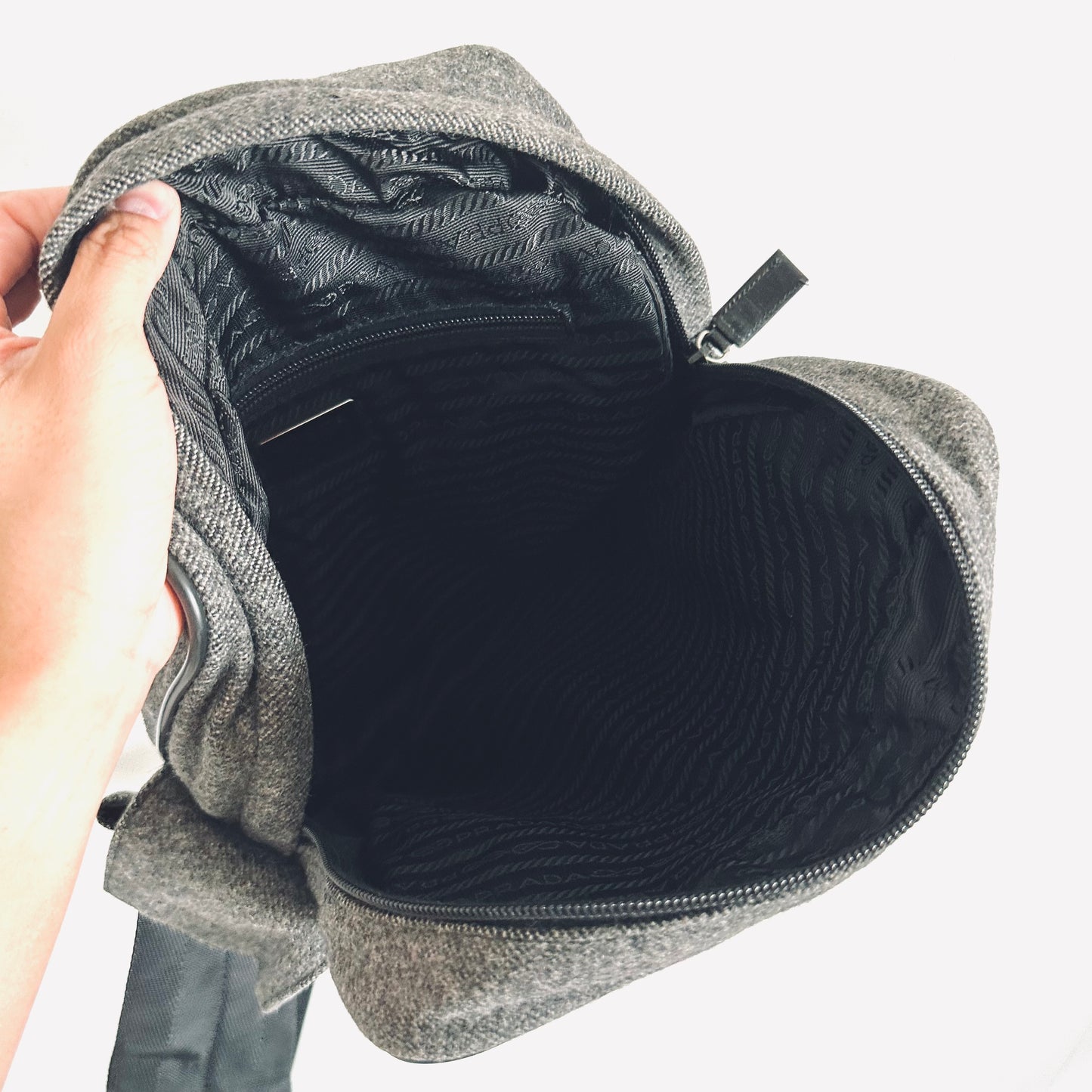 Prada Grey Wool Monogram Logo Backpack Shoulder Sling Bag