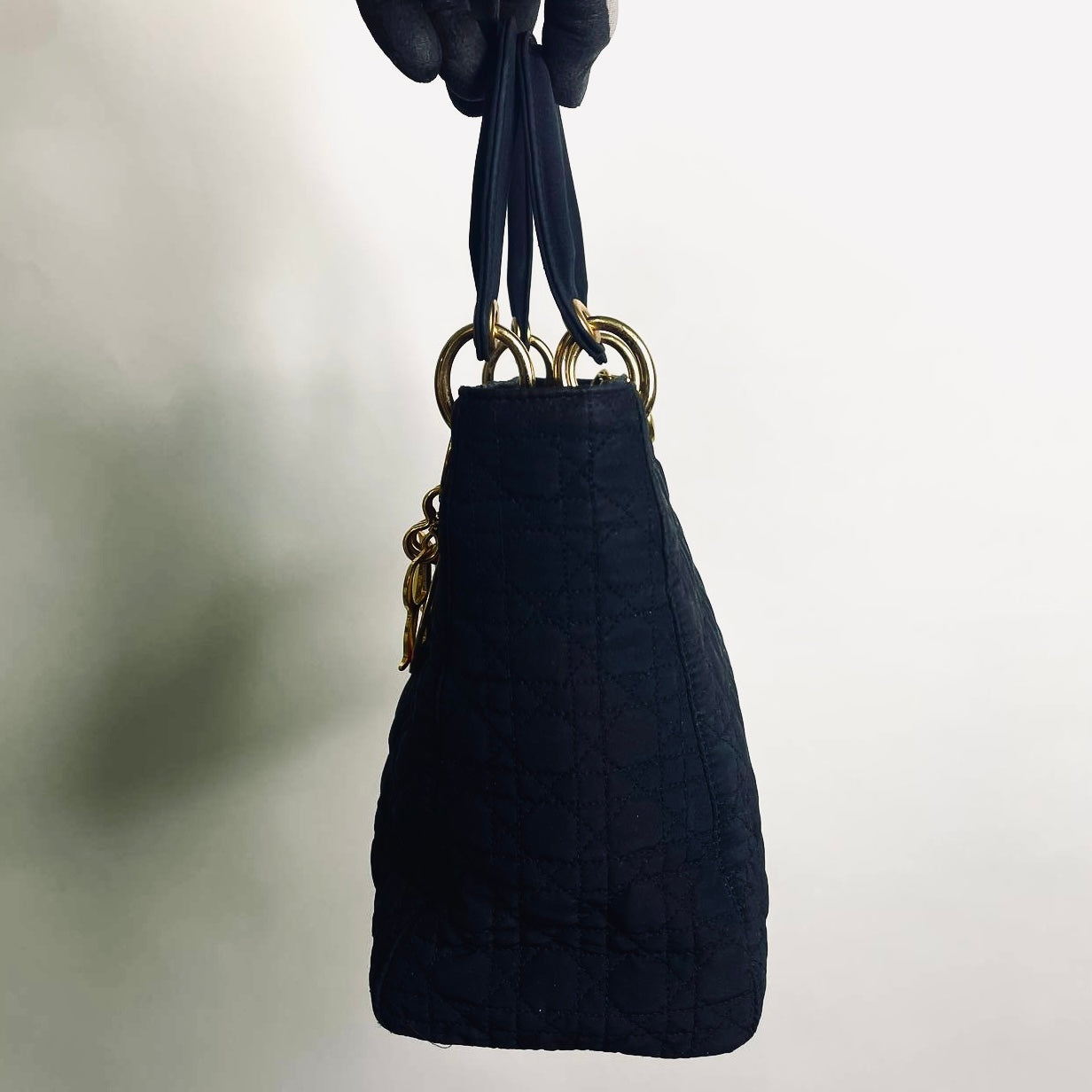 Christian Dior CD Black GHW Lady Dior Medium Cannage Quilted Nylon Top Handle Bag