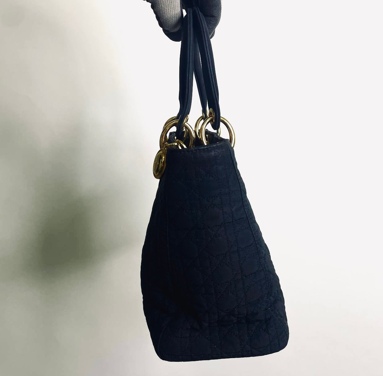 Christian Dior CD Black GHW Lady Dior Medium Cannage Quilted Nylon Top Handle Bag