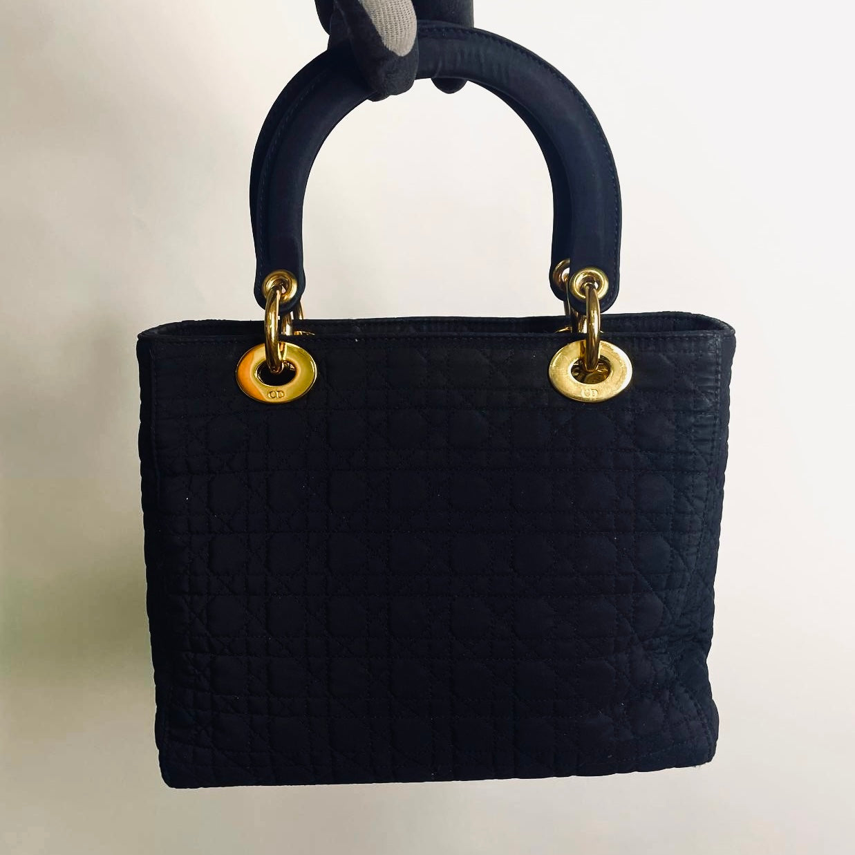 Christian Dior CD Black GHW Lady Dior Medium Cannage Quilted Nylon Top Handle Bag