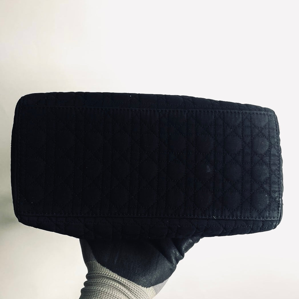 Christian Dior CD Black GHW Lady Dior Medium Cannage Quilted Nylon Top Handle Bag