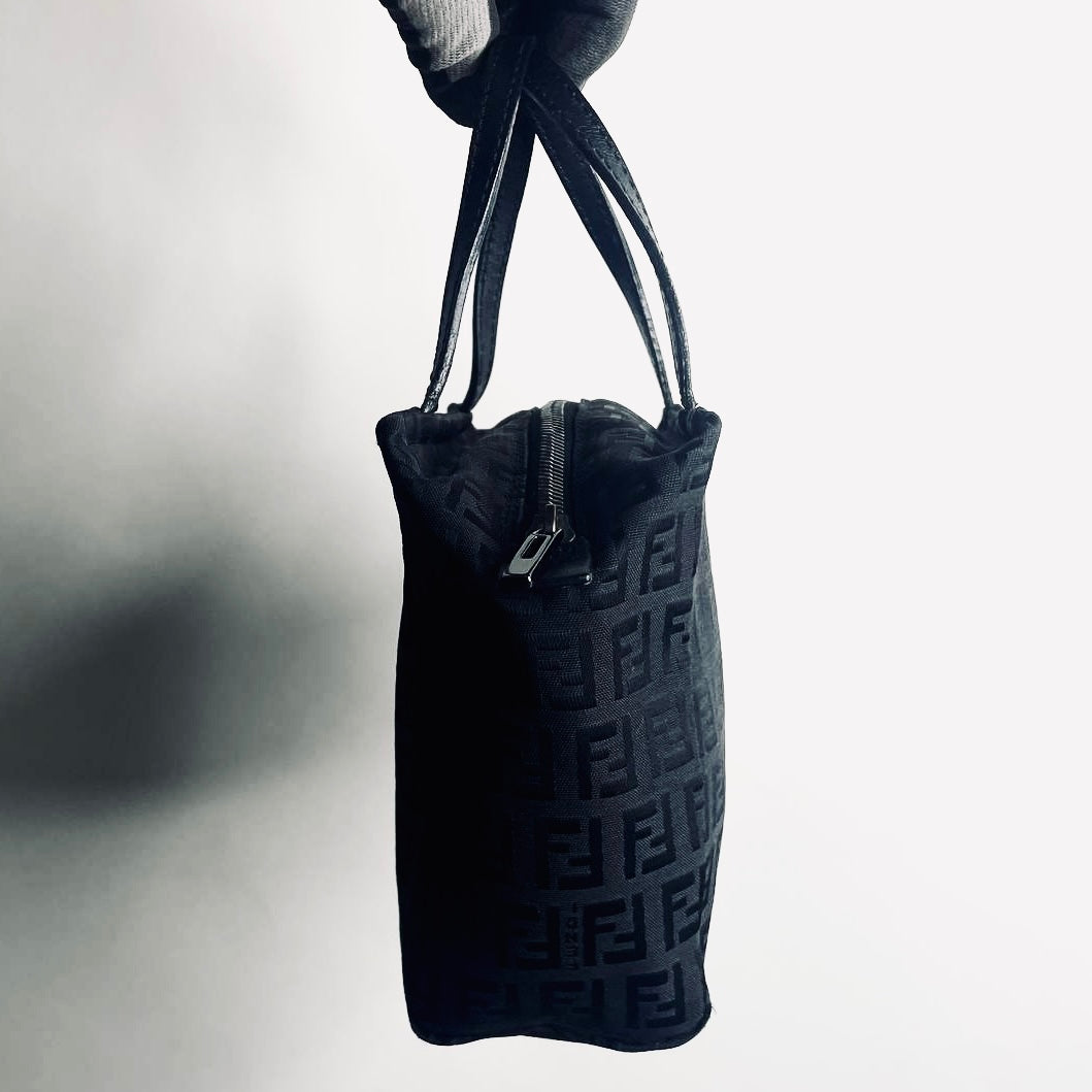 Fendi Black Zucca FF Monogram Logo Mini Bucket Dumpling Zip Tote Bag