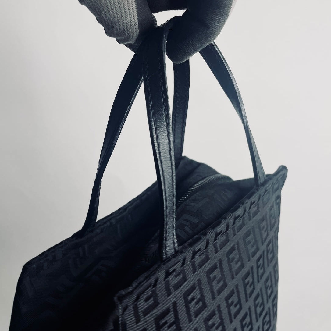 Fendi Black Zucca FF Monogram Logo Mini Bucket Dumpling Zip Tote Bag