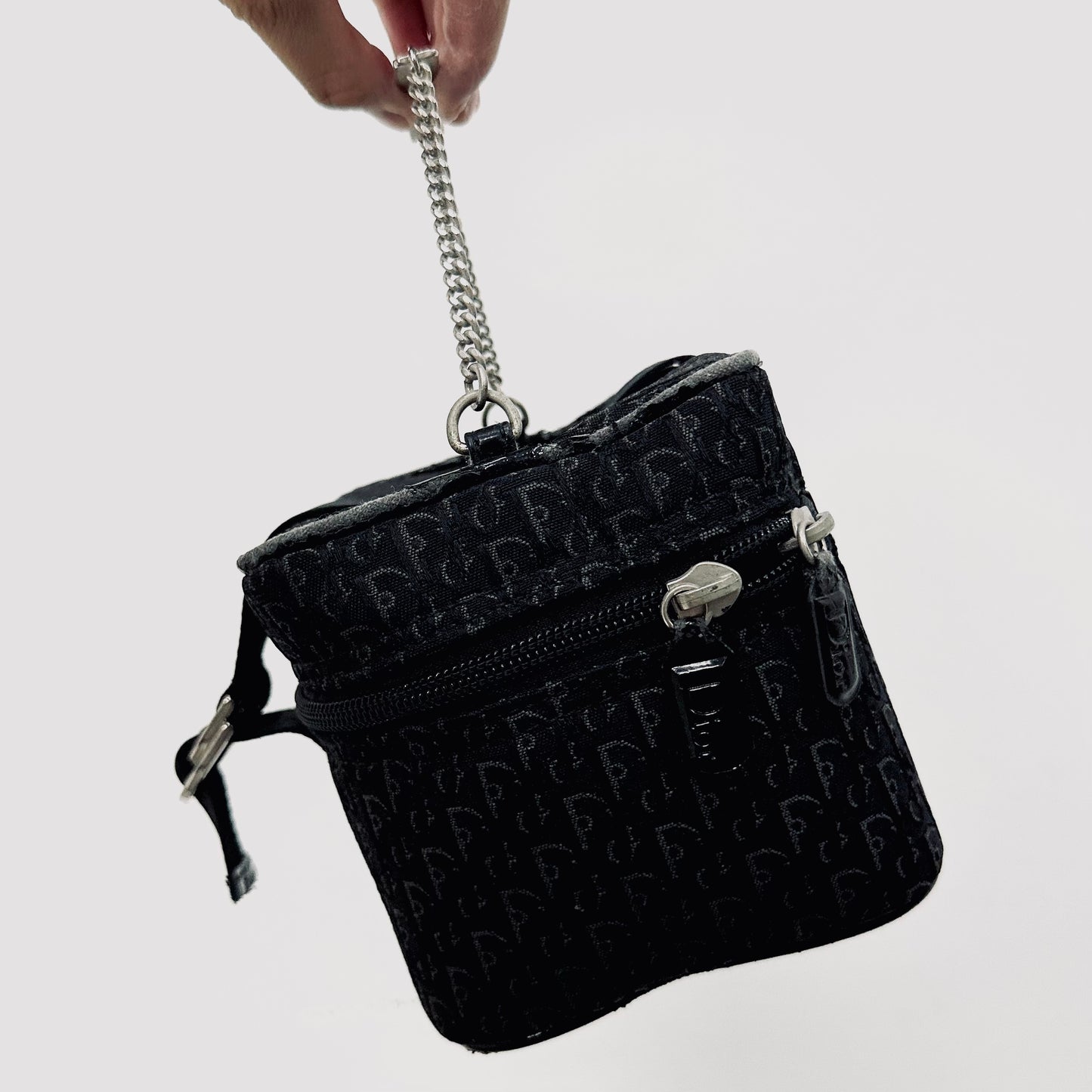 Christian Dior CD Black Oblique Monogram Logo Mini Vanity Case Top Handle Bag