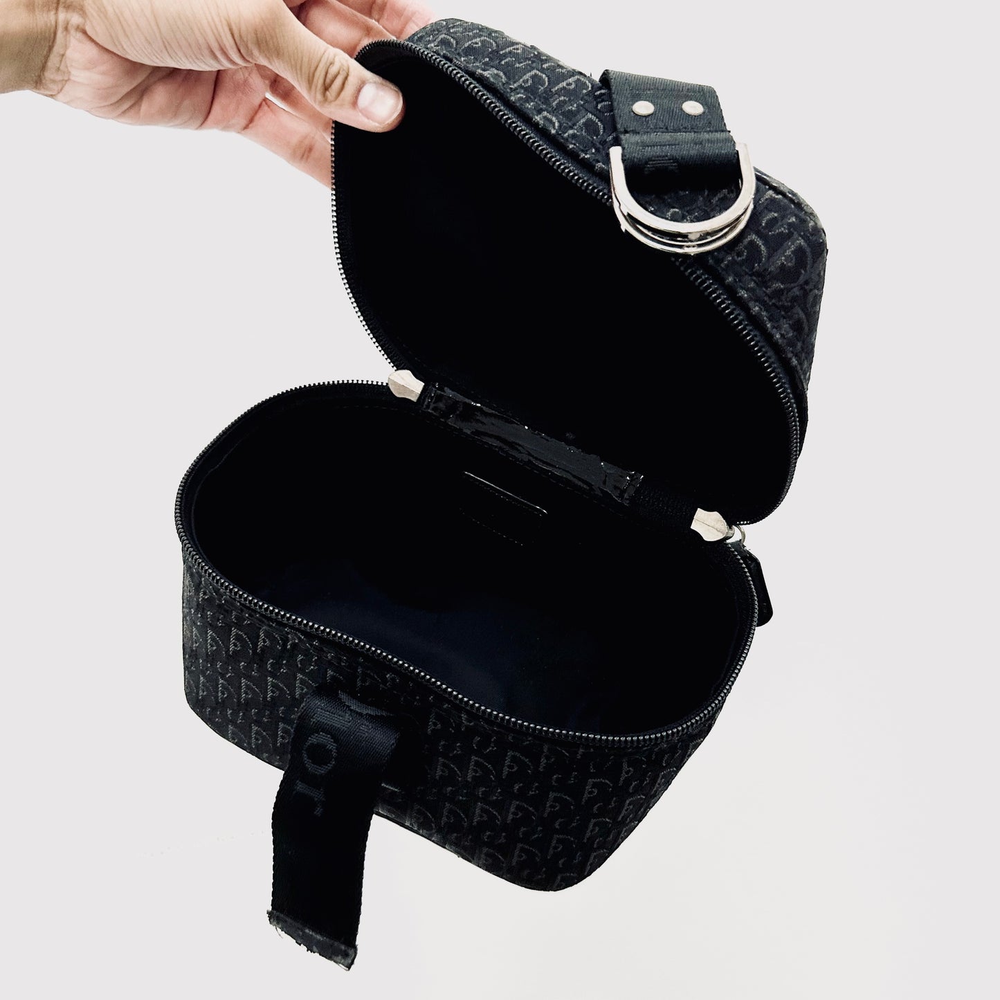 Christian Dior CD Black Oblique Monogram Logo Mini Vanity Case Top Handle Bag