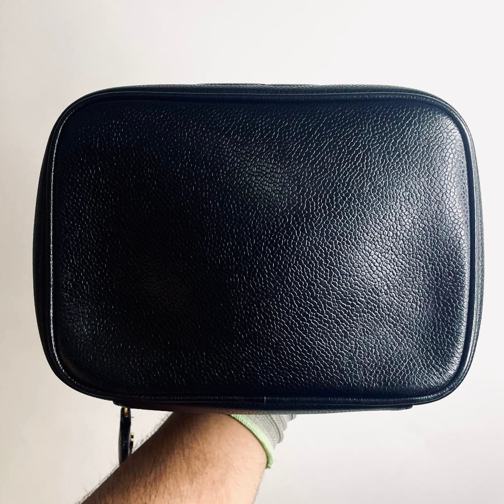 Chanel Black GHW Giant CC Logo Caviar Wide Horizontal Vanity Case Vintage Top Handle Bag 3s