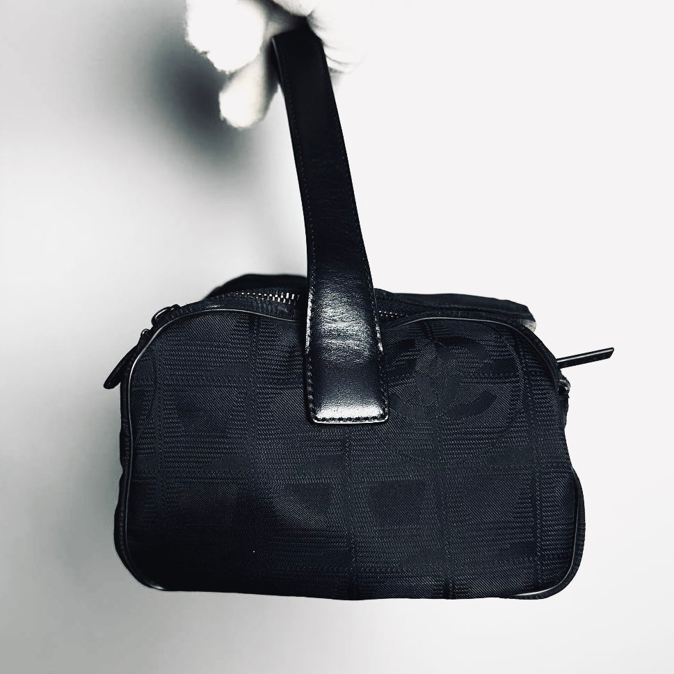 Chanel Black Travel Line Quilted Jacquard CC Monogram Logo Shoulder Pochette Accessories Hobo Baguette Bag 6s