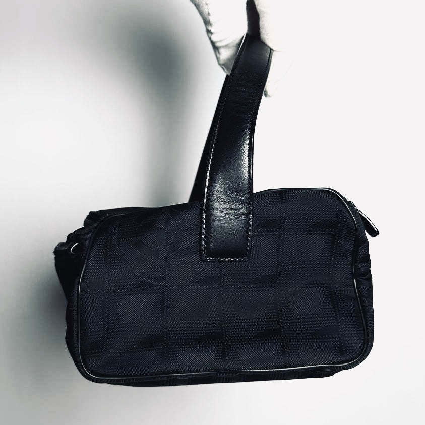 Chanel Black Travel Line Quilted Jacquard CC Monogram Logo Shoulder Pochette Accessories Hobo Baguette Bag 6s