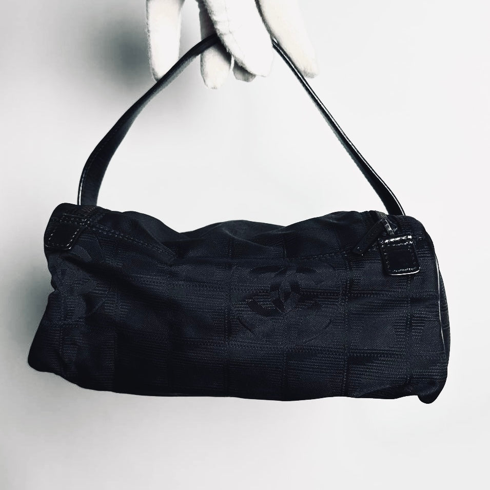 Chanel Black Travel Line Quilted Jacquard CC Monogram Logo Shoulder Pochette Accessories Hobo Baguette Bag 6s