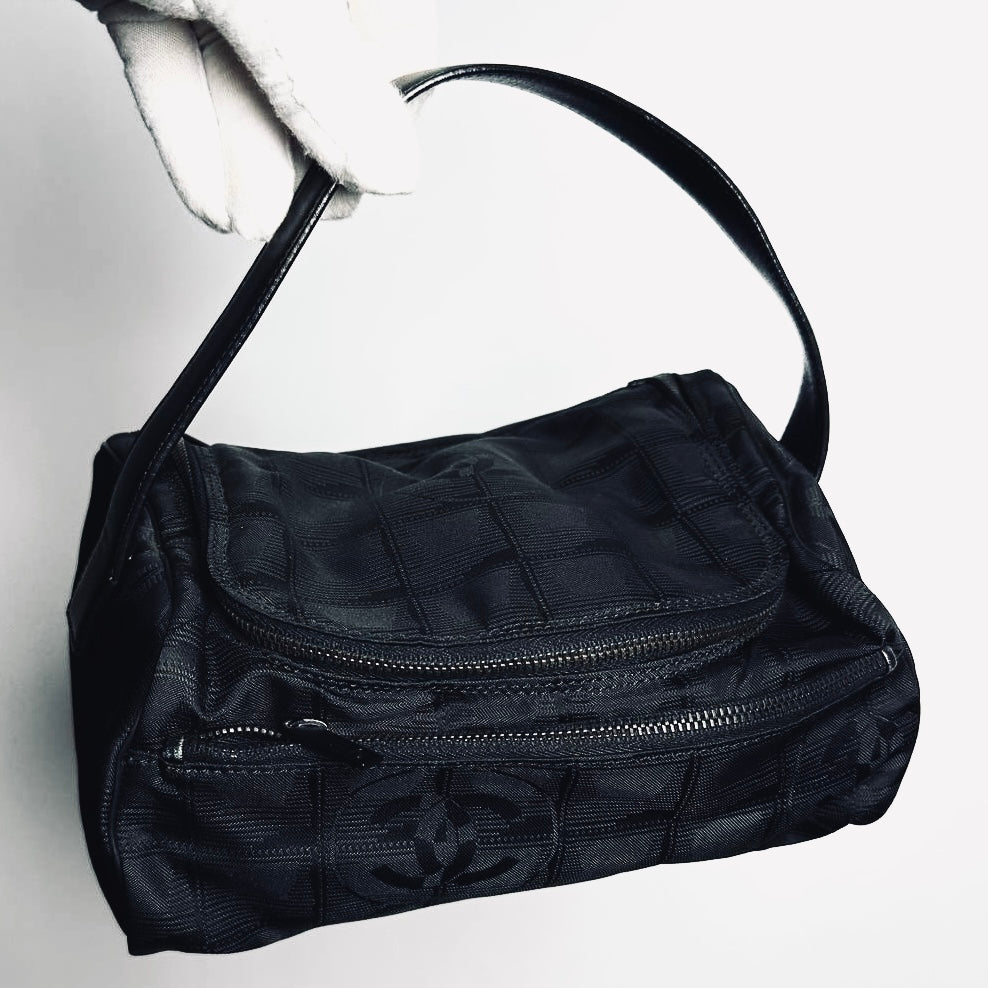 Chanel Black Travel Line Quilted Jacquard CC Monogram Logo Shoulder Pochette Accessories Hobo Baguette Bag 6s