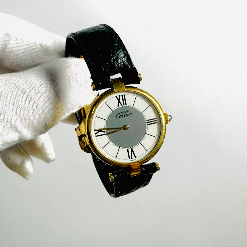Cartier Must De Vendome Vermeil Gold Round Dial Black Embossed Leather Strap 30MM Quartz Watch