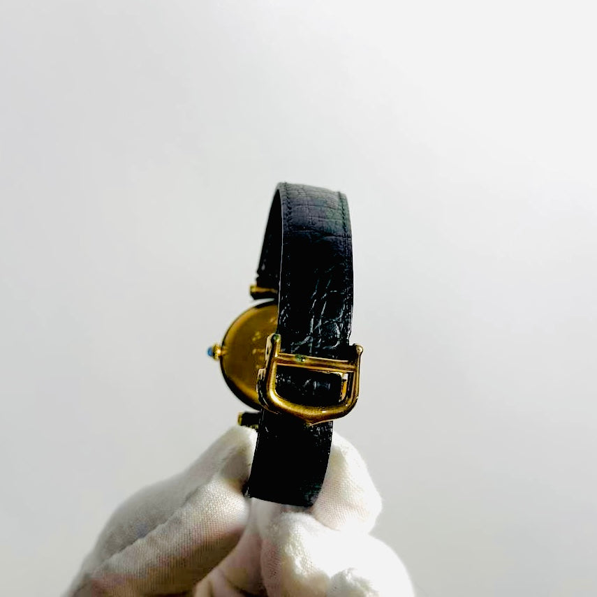 Cartier Must De Vendome Vermeil Gold Round Dial Black Embossed Leather Strap 30MM Quartz Watch