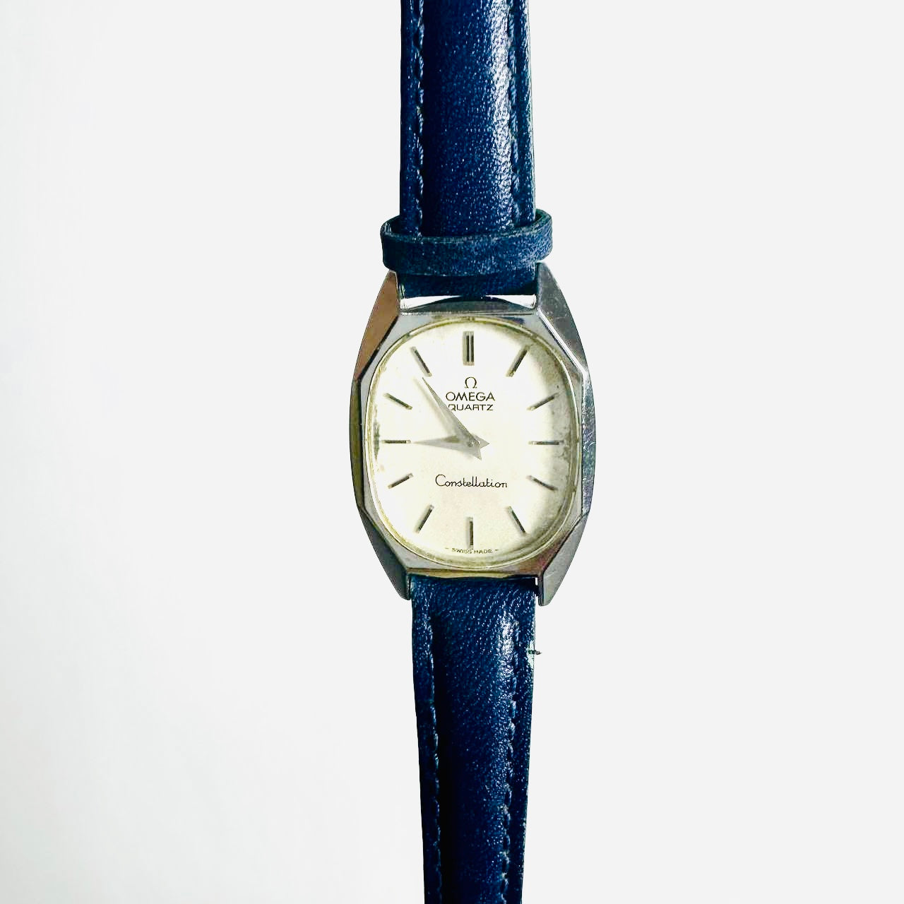 Omega Constellation White Dial Navy Blue Leather Strap 22MM Quartz Vintage Watch