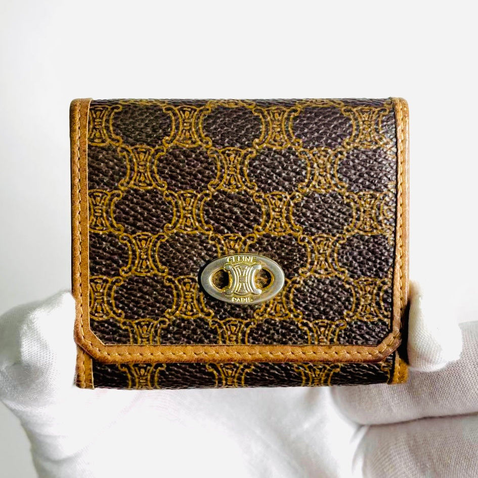 Celine Brown / Tan Triomphe Monogram Logo GHW Flap Coin Purse Compact Wallet