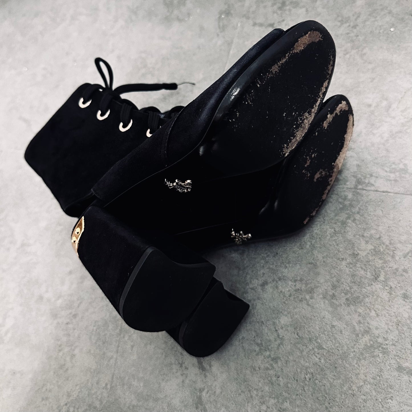 Prada Black GHW Gold Monogram Logo Suede Lace Up Side Zip Open Toe Chunky Heels Pumps Boots Shoes